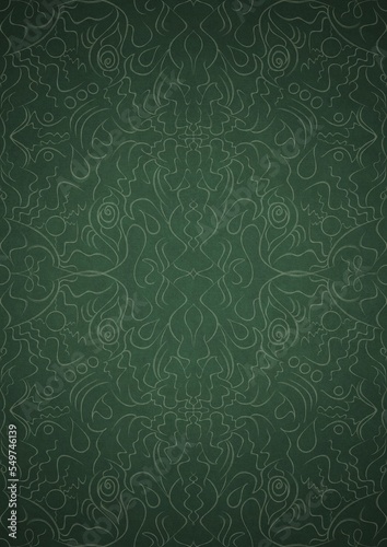 Hand-drawn unique abstract symmetrical seamless ornament. Bright green on a deep warm green with vignette of a darker background color. Paper texture. Digital artwork, A4. (pattern: p07-1d)