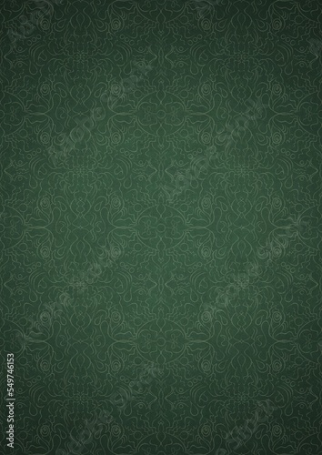 Wallpaper Mural Hand-drawn unique abstract symmetrical seamless ornament. Bright green on a deep warm green with vignette of a darker background color. Paper texture. Digital artwork, A4. (pattern: p07-1e) Torontodigital.ca