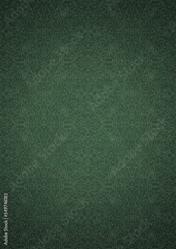 Wallpaper Mural Hand-drawn unique abstract symmetrical seamless ornament. Bright green on a deep warm green with vignette of a darker background color. Paper texture. Digital artwork, A4. (pattern: p07-2e) Torontodigital.ca