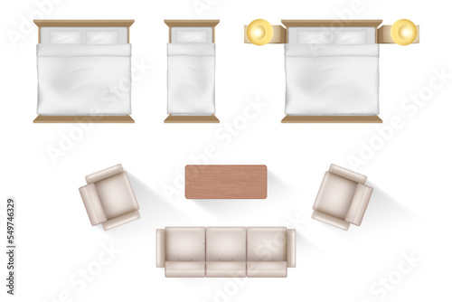 Set of furniture for bedroom and living room, top view. Beds, sofa with armchairs and coffee table