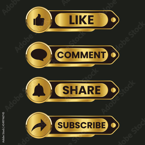 golden like comment share and subscribe icon button vector set
