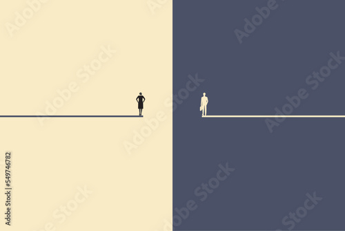 Businessman and business woman standing. concept of gender gap or business inequality concept. Business career challenge symbol. Eps10 vector illustration. photo