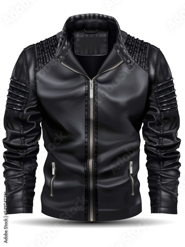 Realistic black jacket leather for men on white background vector