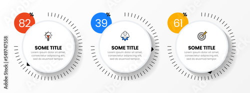 Infographic template. 3 rotary buttons with pointer, text and percentages