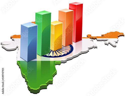 3D map of India in the colors of the Indian flag with colored statistics bars on it (cut out)