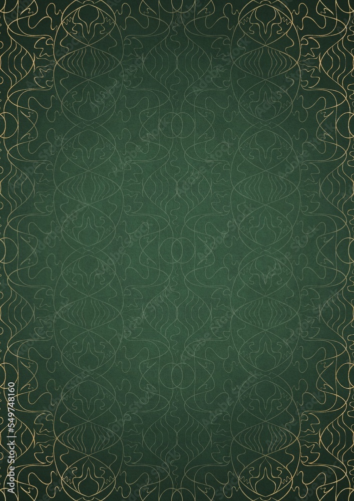 Hand-drawn unique abstract ornament. Light green on a dark warm green background, with vignette in golden glitter on darker background color. Paper texture. Digital artwork, A4. (pattern: p02-1e) Hand-drawn unique abstract ornament. Light green on a dark warm green background, with vignette in golden glitter on darker background color. Paper texture. Digital artwork, A4. (pattern: p02-1e)