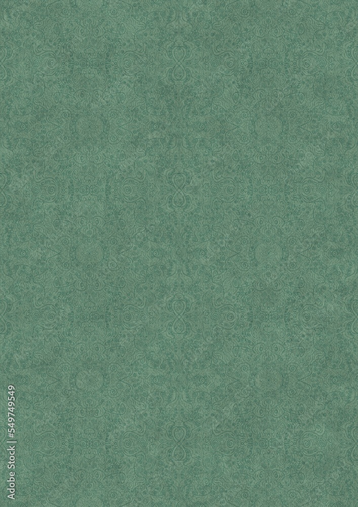 Fototapeta premium Hand-drawn unique abstract symmetrical seamless ornament. Dark semi transparent green on a light cold green background color. Paper texture. A4. (pattern: p06e)