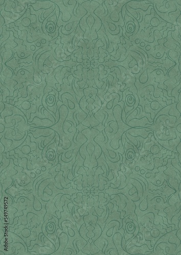 Hand-drawn unique abstract symmetrical seamless ornament. Dark semi transparent green on a light cold green background color. Paper texture. A4. (pattern: p07-1d)