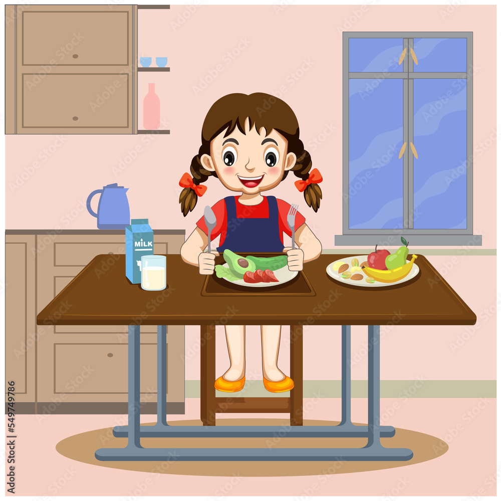 Cute cartoon happy girl eating Healthy Fruits and vegetable vector illustration Cute cartoon happy girl eating Healthy Fruits and vegetable vector illustration