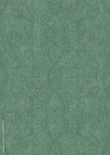 Hand-drawn unique abstract symmetrical seamless ornament. Dark semi transparent green on a light cold green background color. Paper texture. A4. (pattern: p09d)
