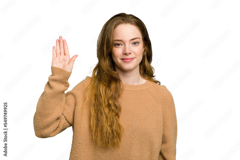 Young caucasian redhead woman isolated smiling cheerful showing number five with fingers. Young caucasian redhead woman isolated smiling cheerful showing number five with fingers.