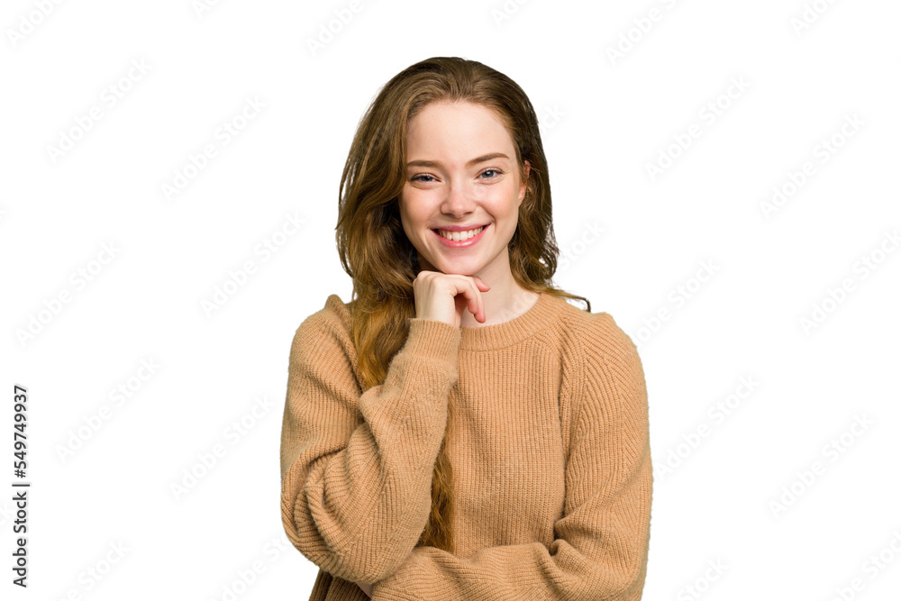 Young caucasian redhead woman isolated smiling happy and confident, touching chin with hand. Young caucasian redhead woman isolated smiling happy and confident, touching chin with hand.