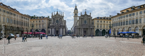 Wide angle view of San Carlo Square in Turin with two beautiful church