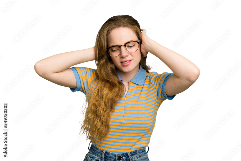 Young caucasian redhead woman isolated covering ears with hands. Young caucasian redhead woman isolated covering ears with hands.