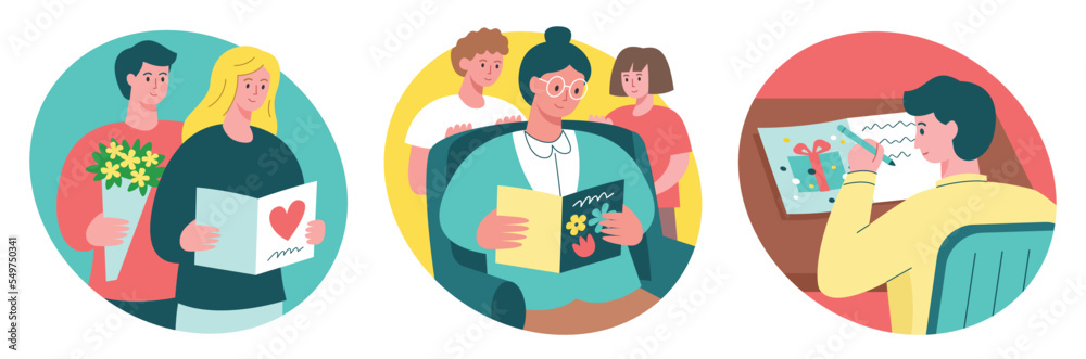 People are opening greetings cards, set of illustrations People are opening greetings cards, set of illustrations