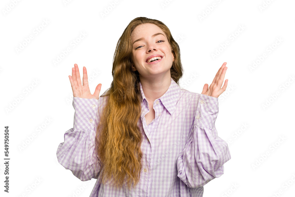 Young caucasian redhead woman isolated laughs out loudly keeping hand on chest.