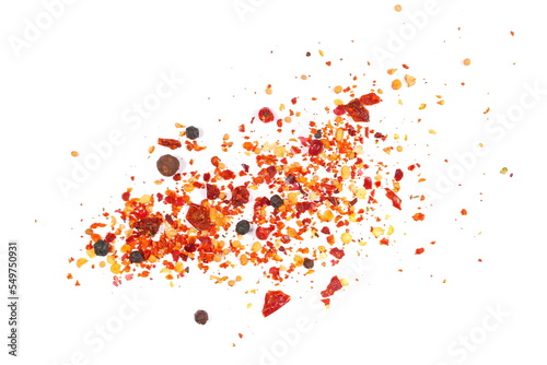 Fototapeta Naklejka Na Ścianę i Meble -  Spicy mixture of spices with chopped lemon peel, chili, peppercorns (black, green and red), mustard seeds, allspice, chopped ginger, isolated on white, top view