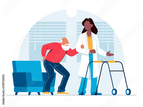 Old man walking with nurse in hospice