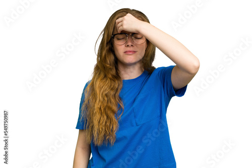 Young caucasian redhead woman isolated touching temples and having headache.