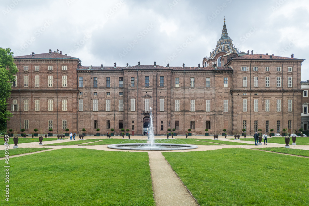 Wide angle view of the beautiful gardens of the Royal Palace of  Turin