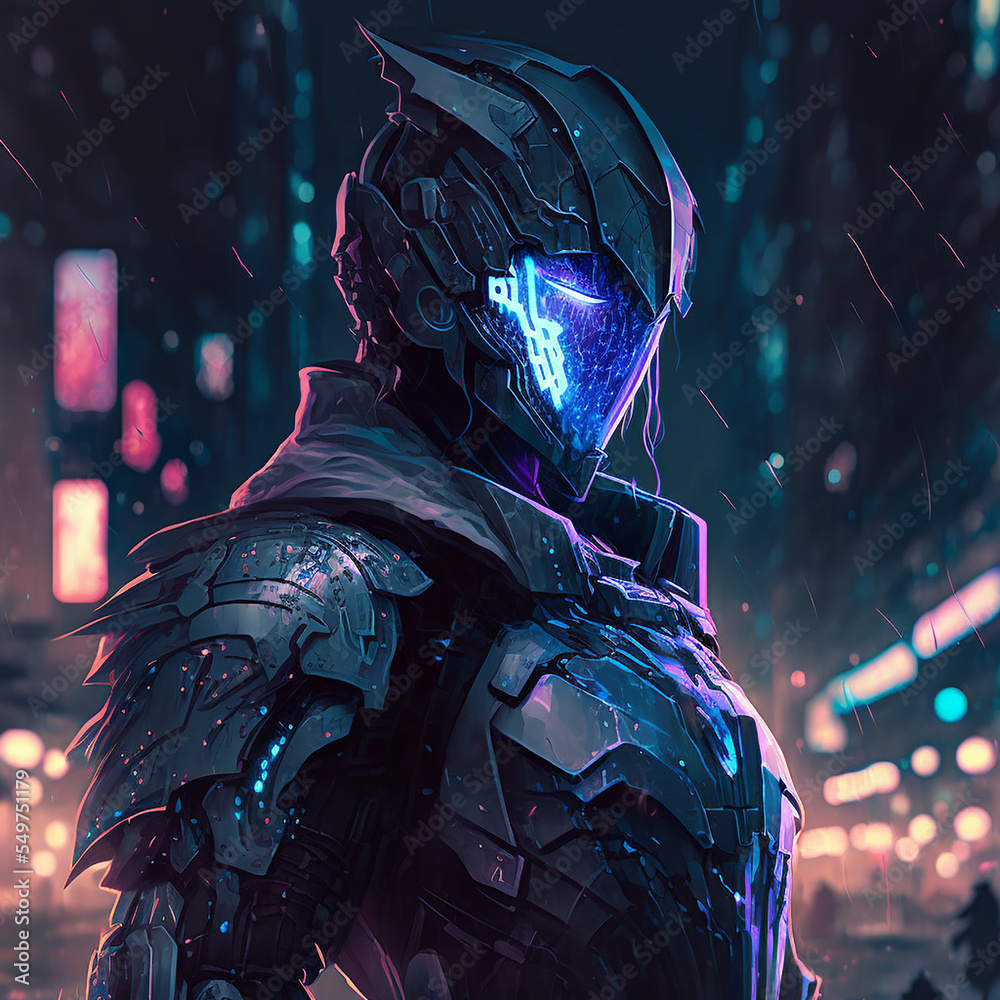medium portrait of a knight with high tech blue glass armor, in the style  of anime, night city background, cinematic ilustração do Stock
