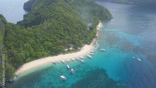 Scenic panorama aerial view of Helicopter Island in El Nido, Palawan, Philippines. photo