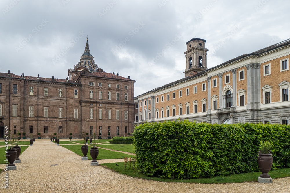 Wide angle view of the beautiful gardens of the Royal Palace of  Turin