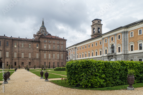 Wide angle view of the beautiful gardens of the Royal Palace of Turin