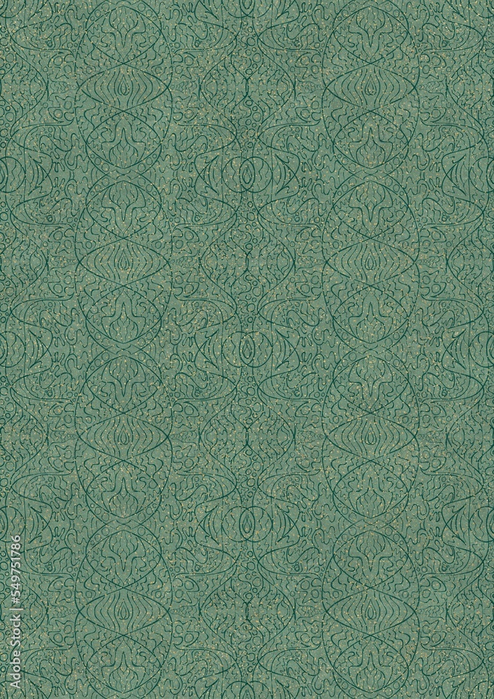 Hand-drawn unique abstract seamless ornament. Dark green on light cold green background, with splatters of golden glitter. Paper texture. Digital artwork, A4. (pattern: p02-2e) Hand-drawn unique abstract seamless ornament. Dark green on light cold green background, with splatters of golden glitter. Paper texture. Digital artwork, A4. (pattern: p02-2e)