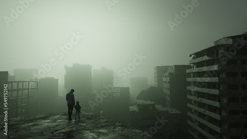Father and daughter holding hands standing in front of war torn destroyed city in fog