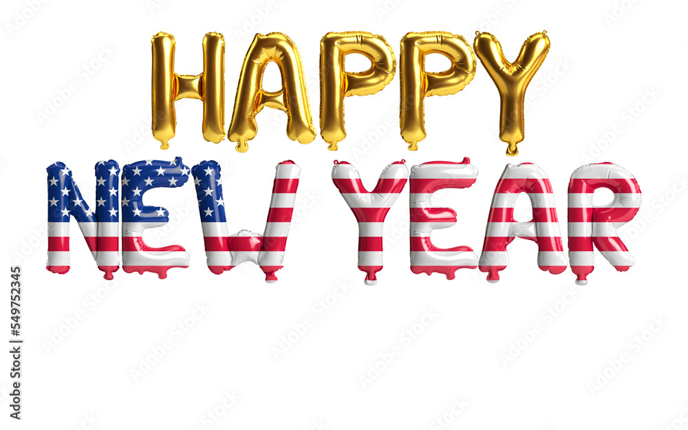 3d illustration of happy new year letter balloons with usa flag color isolated on white background