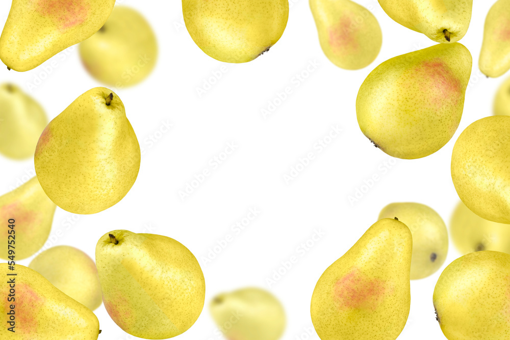 Levitation of ripe natural pears isolated on transparent background, copy space.