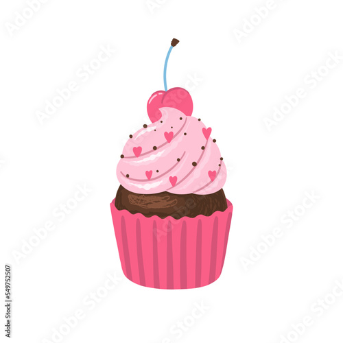 Chocolate cupcake with pink cream and cherry on the top. Valentine   s day concept illustration. Vector clipart for greeting cards  wedding invitations  party  birthday cards.