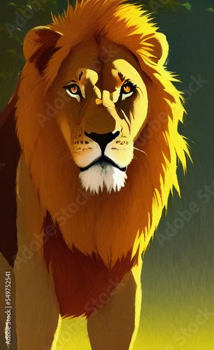 Lion portrait illustration  digital painting art. Wild lion face