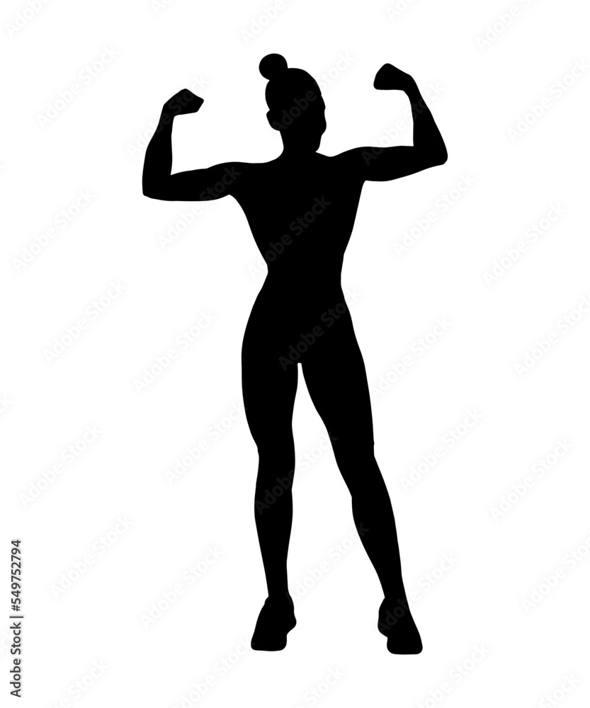 Vector simple silhouette shadow shape, flat black icon isolated on white backround. Logo design element. Sportive woman body with big muscles..