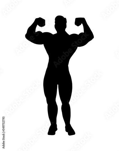 Vector simple silhouette shadow shape, flat black icon isolated on white backround. Logo design element. Sportive athletic man with big muscles.