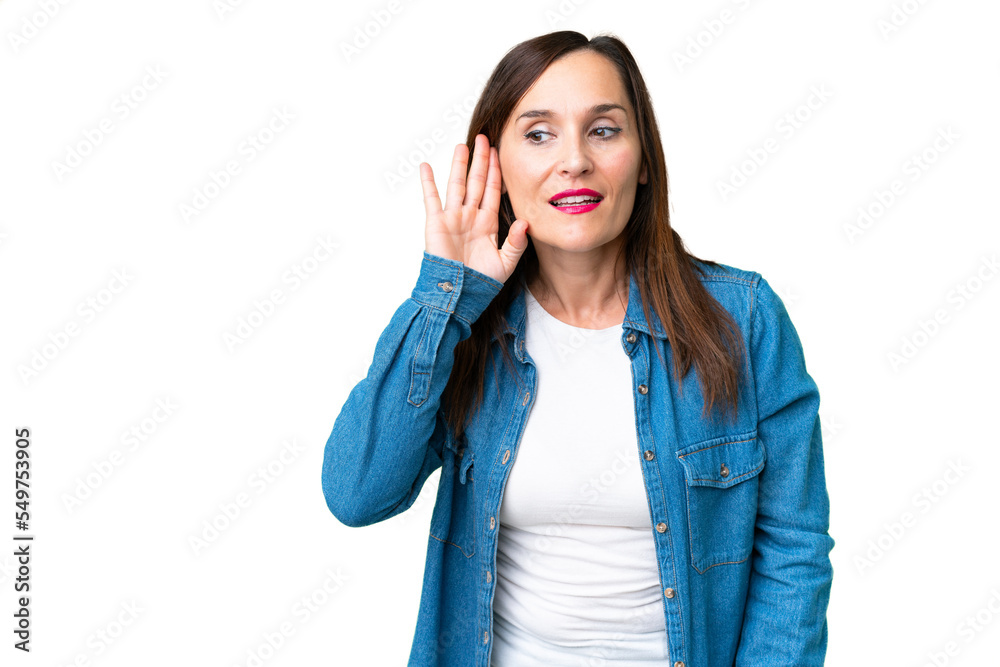 Middle age woman over isolated chroma key background listening to something by putting hand on the ear Middle age woman over isolated chroma key background listening to something by putting hand on the ear