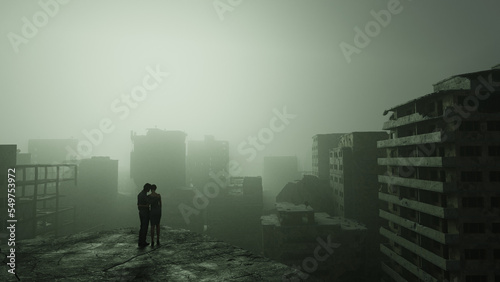 Couple standing holding each other looking over destroyed war torn city in fog