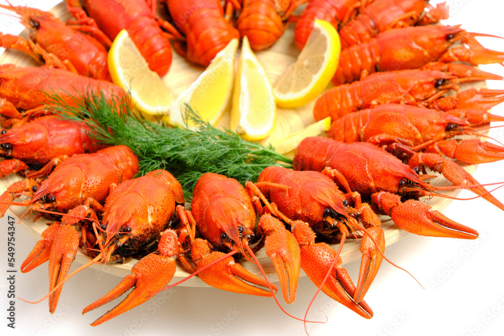 Cooked red river crayfish round wooden plate white background with lemon and herbs. Cooked red river crayfish round wooden plate white background with lemon and herbs.