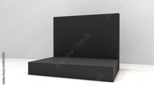 Empty stage design for mockup and corporate identity, display. Platform elements in hall. Blank screen system for graphic Resources. Scene event led night light staging. 3d rendering for online.