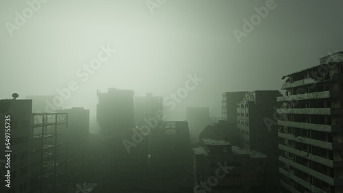 Destroyed war torn city skyline in fog