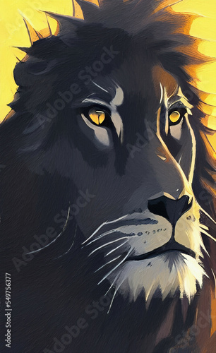 Black brutal lion portrait illustration  digital painting art. Wild lion face