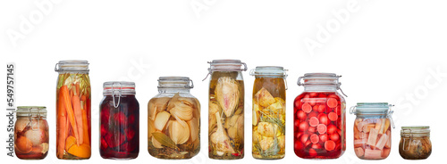 Valokuva Row of nine glass canning jars with preserved vegetables isolated on a white bac