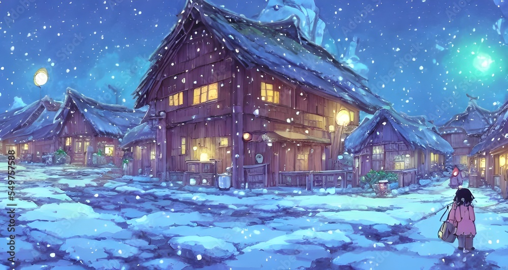 In the picture, there is a winter village with houses and trees covered in snow. The sky is a deep blue, and the sun is shining.