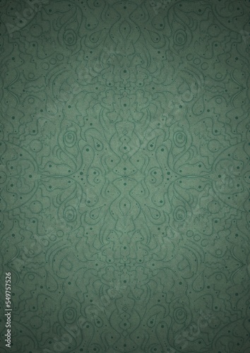 Hand-drawn unique abstract symmetrical seamless ornament. Dark semi transparent green on a light cold green with vignette of a darker background color. Paper texture. A4. (pattern: p07-2d)