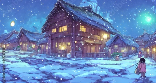 In the picture  there is a winter village with houses and trees covered in snow. The sky is a deep blue  and the sun is shining.