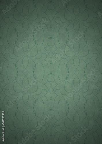 Hand-drawn unique abstract symmetrical seamless ornament. Dark semi transparent green on a light cold green with vignette of a darker background color. Paper texture. A4. (pattern: p08-1e)