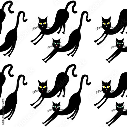 Cartoon cats stretches after sleeping, seamless background for kids