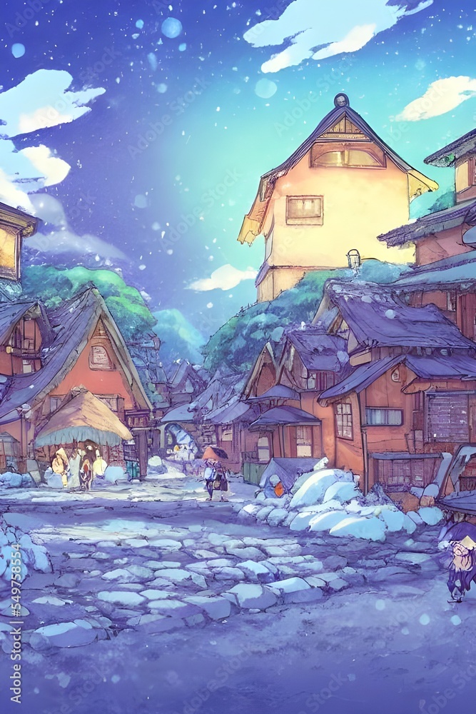 Fototapeta premium The village is quiet and still. A few snowflakes drift down from the dark sky, landing on the rooftops and coating the ground in a soft layer of white. The only sound is the crackling of firewood as