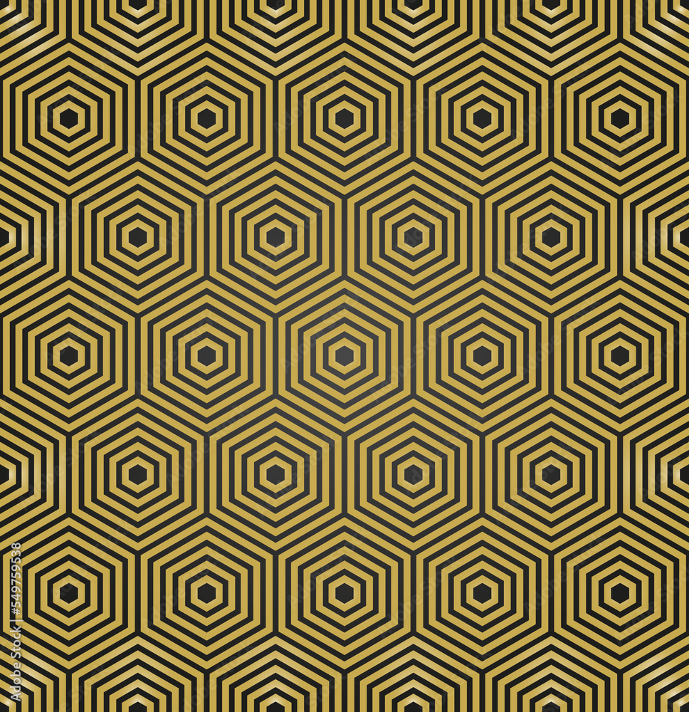 Geometric abstract hexagonal background. Geometric modern ornament. Seamless modern black and golden pattern